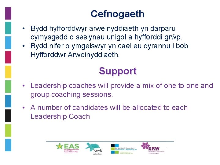 Cefnogaeth • Bydd hyfforddwyr arweinyddiaeth yn darparu cymysgedd o sesiynau unigol a hyfforddi grŵp.