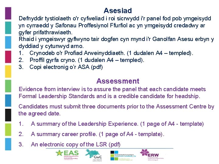 Asesiad Defnyddir tystiolaeth o'r cyfweliad i roi sicrwydd i'r panel fod pob ymgeisydd yn