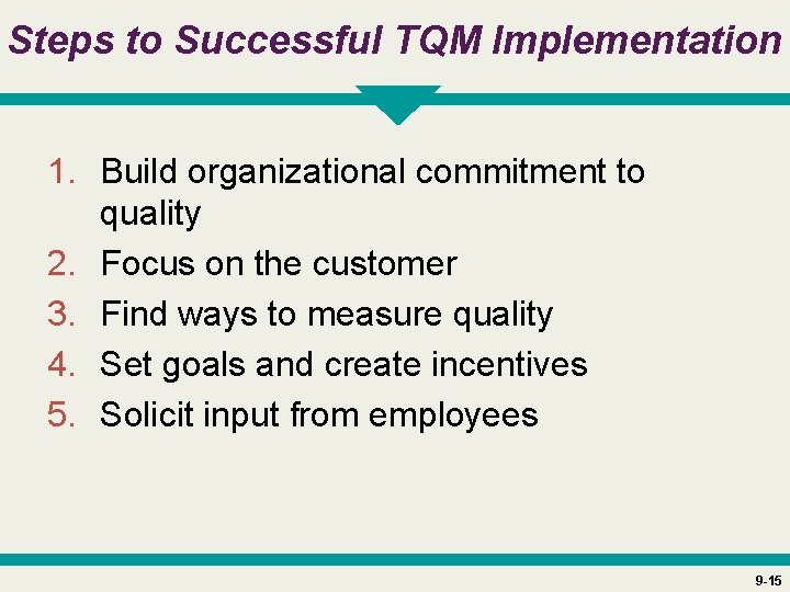 Steps to Successful TQM Implementation 1. Build organizational commitment to quality 2. Focus on