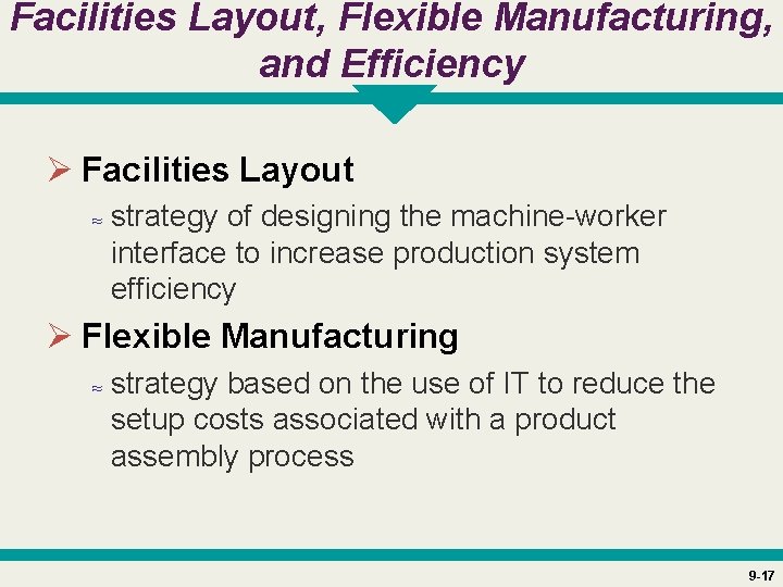 Facilities Layout, Flexible Manufacturing, and Efficiency Ø Facilities Layout ≈ strategy of designing the