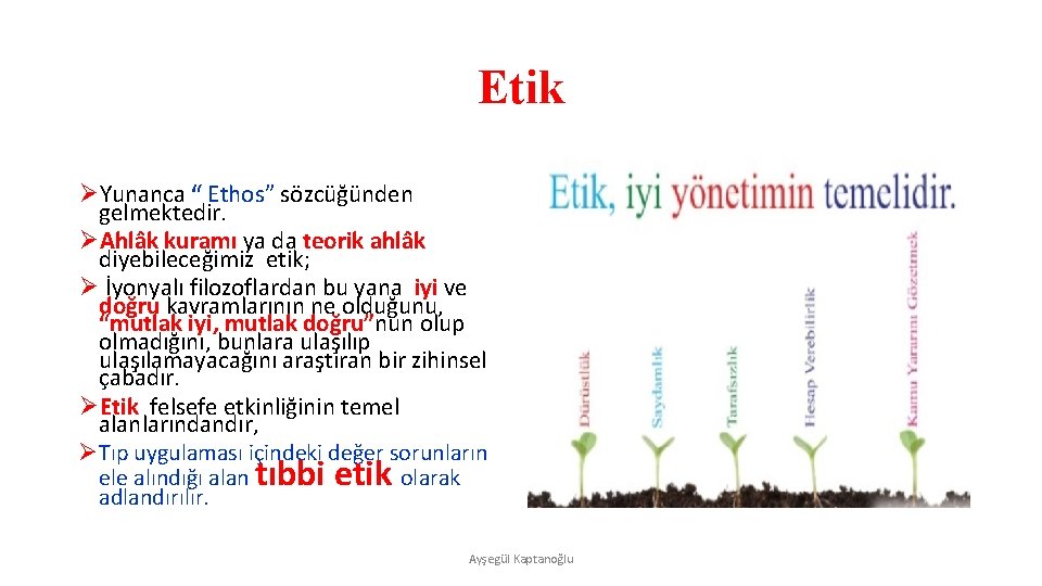 Etik ØYunanca “ Ethos” sözcüğünden gelmektedir. ØAhlâk kuramı ya da teorik ahlâk diyebileceğimiz etik;