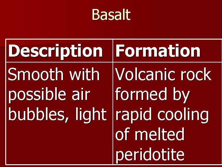Basalt Description Smooth with possible air bubbles, light Formation Volcanic rock formed by rapid