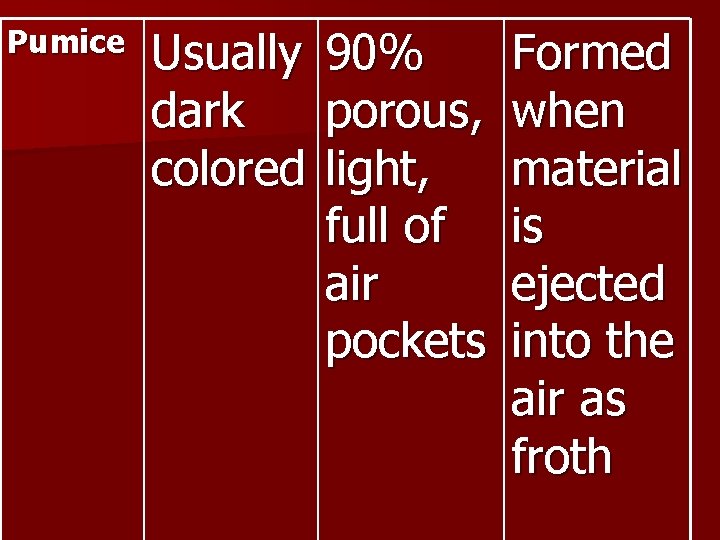 Pumice Usually dark colored 90% porous, light, full of air pockets Formed when material
