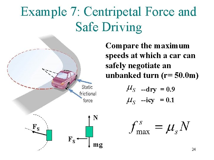 Example 7: Centripetal Force and Safe Driving Compare the maximum speeds at which a Example 7: Centripetal Force and Safe Driving Compare the maximum speeds at which a