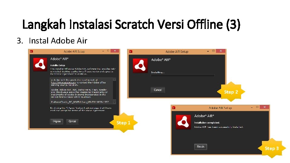 Langkah Instalasi Scratch Versi Offline (3) 3. Instal Adobe Air Step 2 Step 1