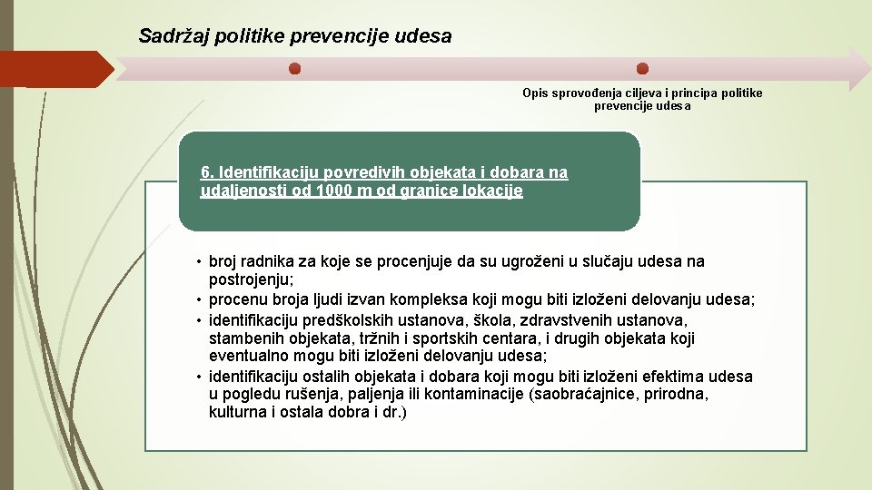 Sadržaj politike prevencije udesa Opis sprovođenja ciljeva i principa politike prevencije udesa 6. Identifikaciju
