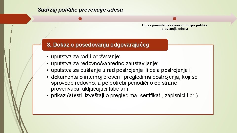 Sadržaj politike prevencije udesa Opis sprovođenja ciljeva i principa politike prevencije udesa 8. Dokaz