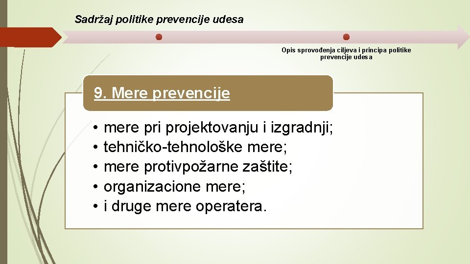 Sadržaj politike prevencije udesa Opis sprovođenja ciljeva i principa politike prevencije udesa 9. Mere
