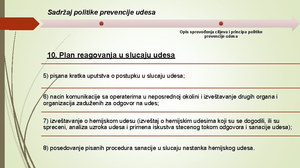 Sadržaj politike prevencije udesa Opis sprovođenja ciljeva i principa politike prevencije udesa 10. Plan