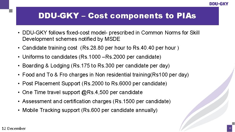 DDU-GKY – Cost components to PIAs • DDU-GKY follows fixed-cost model- prescribed in Common