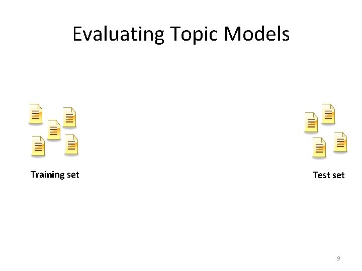 Evaluating Topic Models Training set Test set 9 Evaluating Topic Models Training set Test set 9