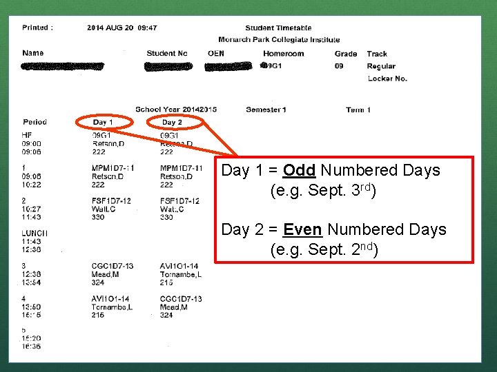 Day 1 = Odd Numbered Days (e. g. Sept. 3 rd) Day 2 =