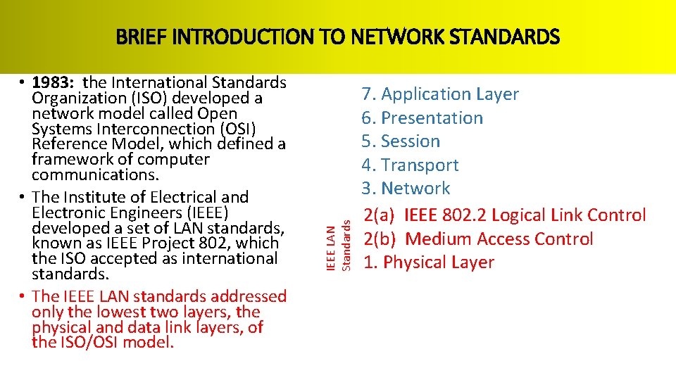  • 1983: the International Standards Organization (ISO) developed a network model called Open