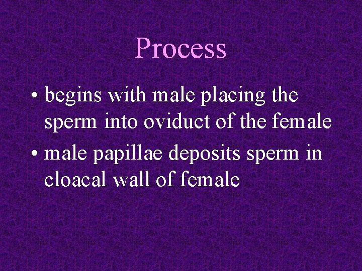 Process • begins with male placing the sperm into oviduct of the female •