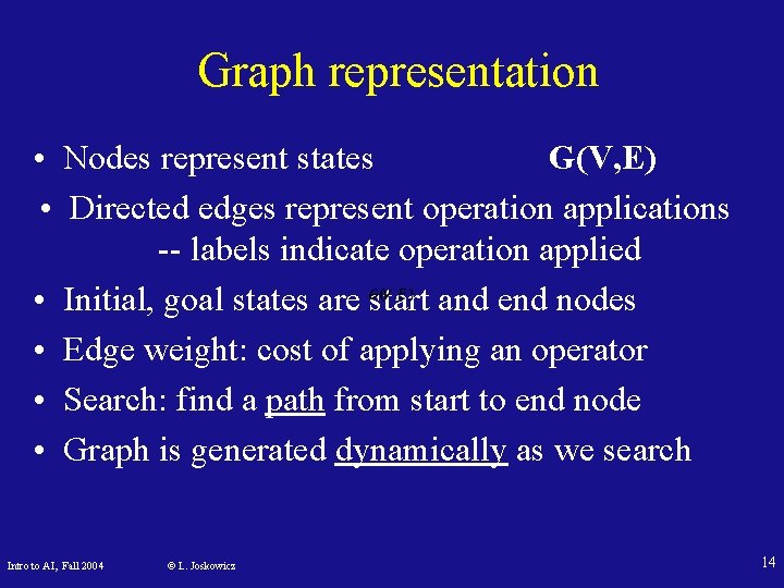 Graph representation • Nodes represent states G(V, E) • Directed edges represent operation applications