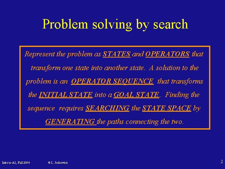 Problem solving by search Represent the problem as STATES and OPERATORS that transform one