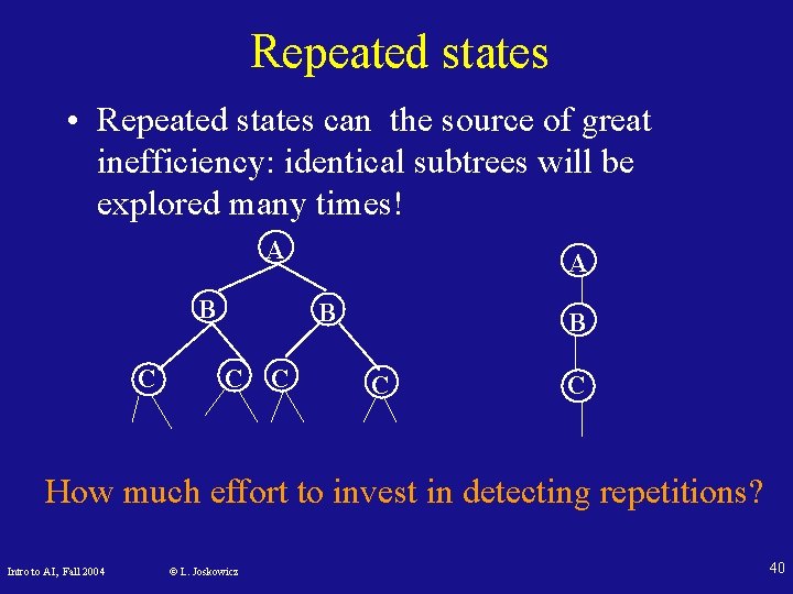 Repeated states • Repeated states can the source of great inefficiency: identical subtrees will