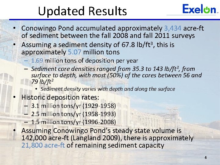 Updated Results • Conowingo Pond accumulated approximately 3, 434 acre-ft of sediment between the