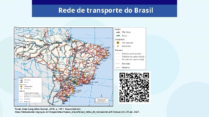 Rede de transporte do Brasil Fonte: Atlas Geográfico Escolar, 2018. p. 1411. Disponível em: Rede de transporte do Brasil Fonte: Atlas Geográfico Escolar, 2018. p. 1411. Disponível em: