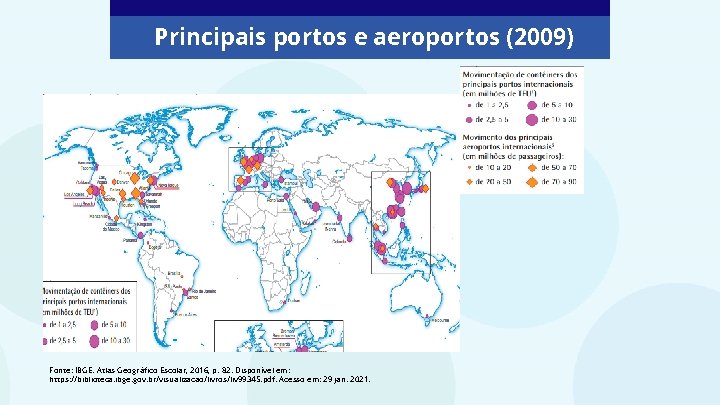 Principais portos e aeroportos (2009) Fonte: IBGE. Atlas Geográfico Escolar, 2016, p. 82. Disponível Principais portos e aeroportos (2009) Fonte: IBGE. Atlas Geográfico Escolar, 2016, p. 82. Disponível