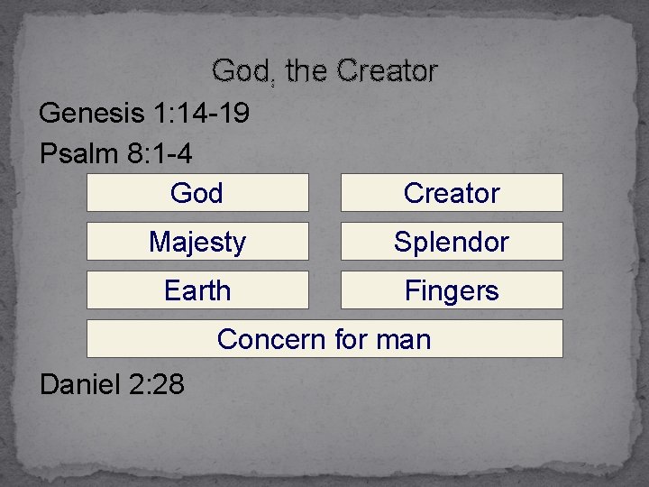 God, the Creator Genesis 1: 14 -19 Psalm 8: 1 -4 God Creator Majesty