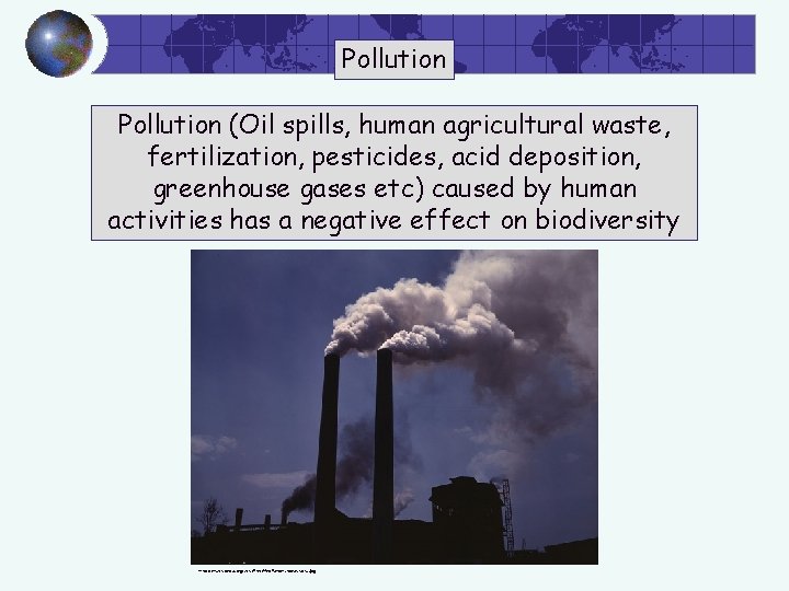 Pollution (Oil spills, human agricultural waste, fertilization, pesticides, acid deposition, greenhouse gases etc) caused