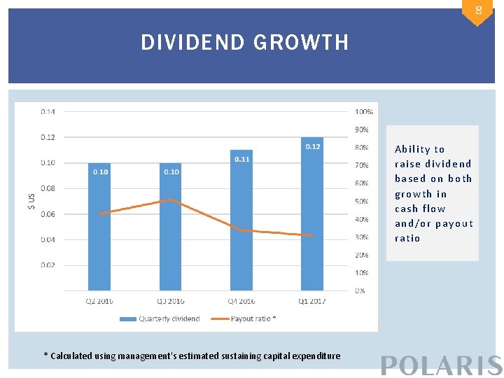 8 DIVIDEND GROWTH Ability to raise dividend based on both growth in cash flow