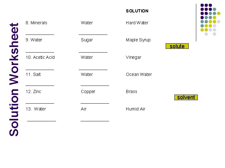 Solution Worksheet SOLUTION 8. Minerals Water Hard Water 9. Water Sugar Maple Syrup solute