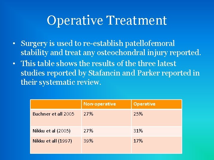 Operative Treatment • Surgery is used to re-establish patellofemoral stability and treat any osteochondral