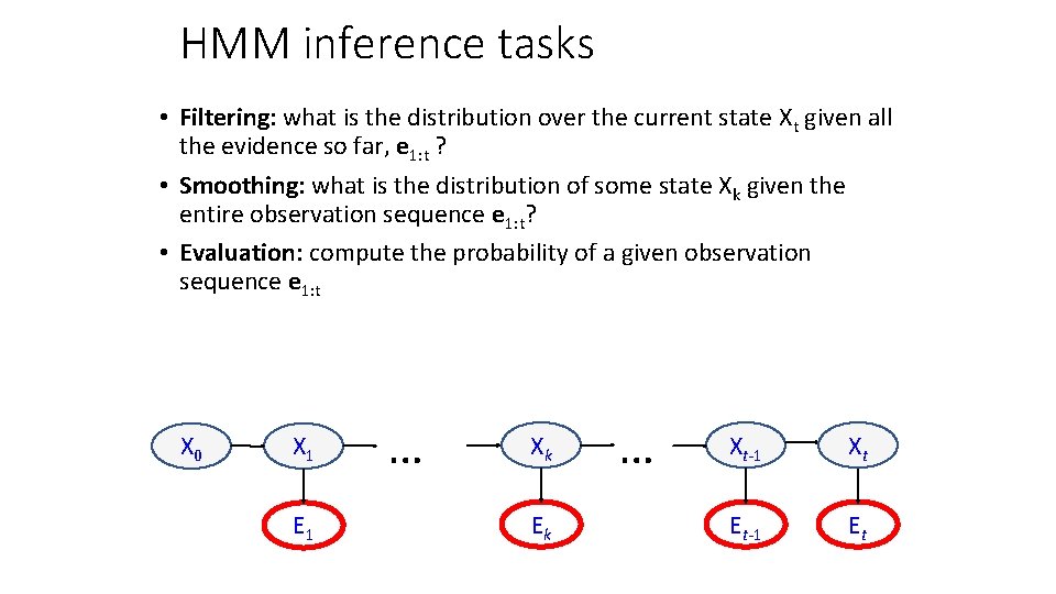 HMM inference tasks • Filtering: what is the distribution over the current state Xt
