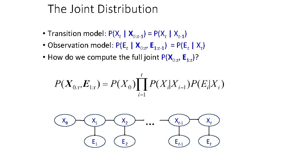 The Joint Distribution • Transition model: P(Xt | X 0: t-1) = P(Xt |
