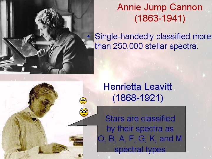 Annie Jump Cannon (1863 -1941) • Single-handedly classified more than 250, 000 stellar spectra.