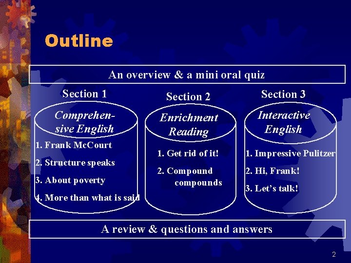 Outline An overview & a mini oral quiz Section 1 Section 2 Section 3