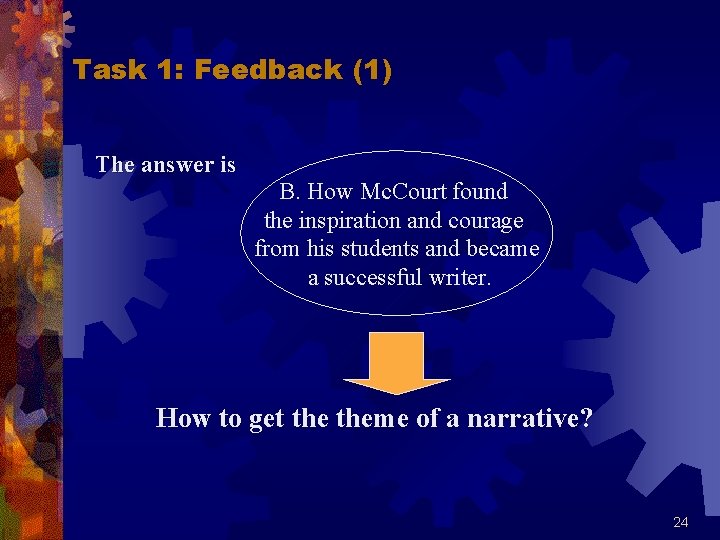 Task 1: Feedback (1) The answer is B. How Mc. Court found the inspiration