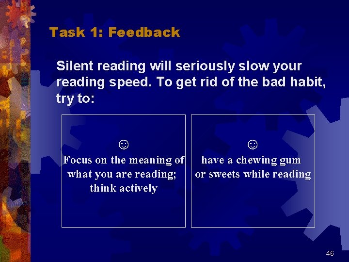 Task 1: Feedback Silent reading will seriously slow your reading speed. To get rid