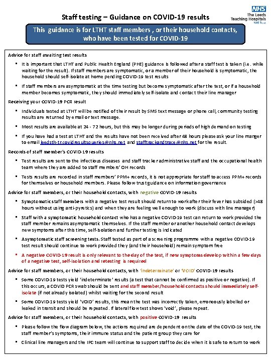 Staff testing Guidance on COVID19 results This guidance