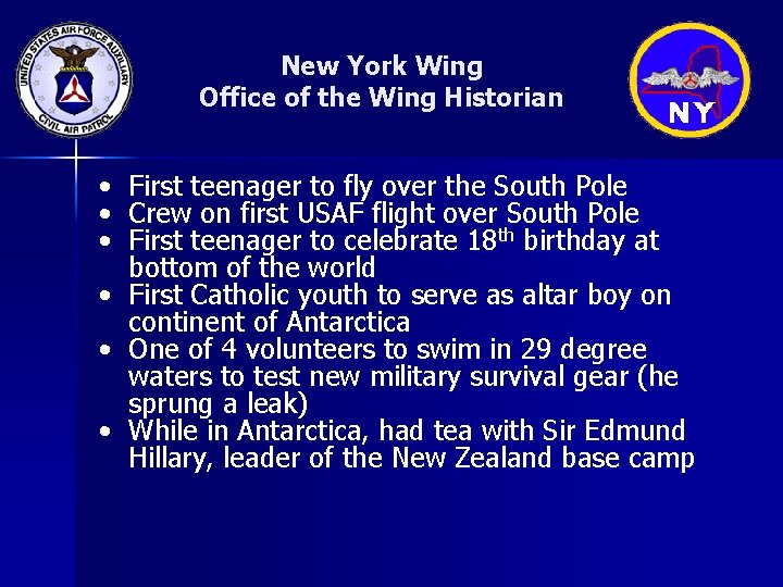 New York Wing Office of the Wing Historian • First teenager to fly over