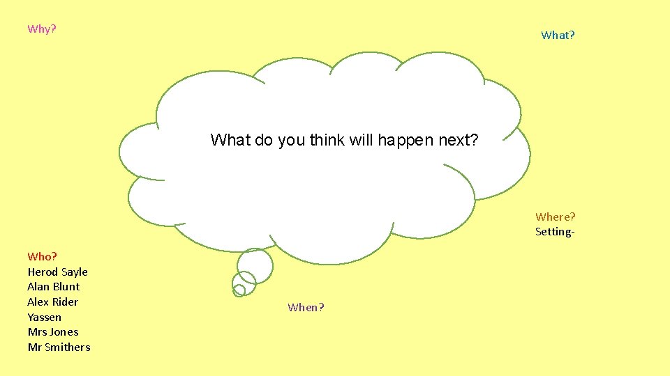 Why? What do you think will happen next? Where? Setting. Who? Herod Sayle Alan