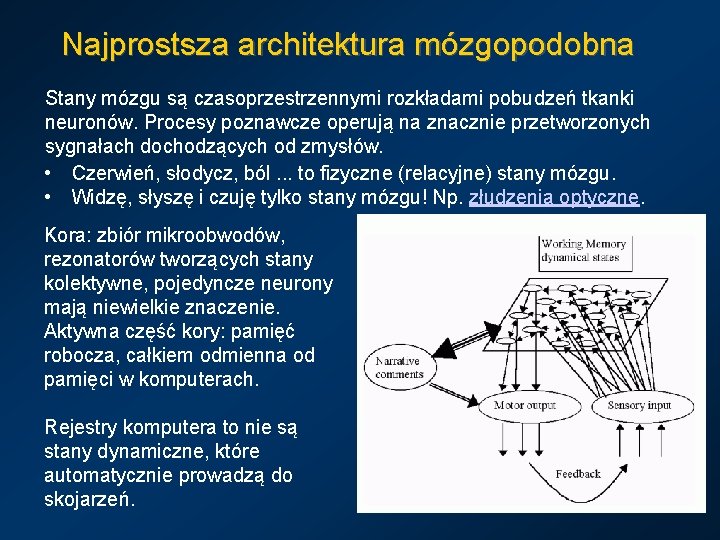 Najprostsza architektura mózgopodobna Stany mózgu są czasoprzestrzennymi rozkładami pobudzeń tkanki neuronów. Procesy poznawcze operują