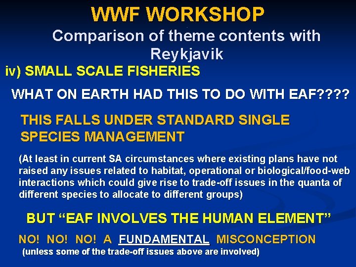 WWF WORKSHOP. Comparison of theme contents with Reykjavik iv) SMALL SCALE FISHERIES WHAT ON
