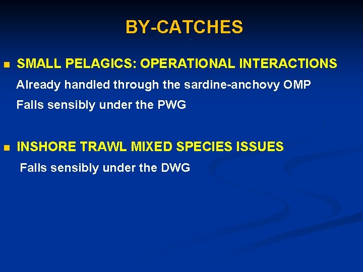 BY-CATCHES. n SMALL PELAGICS: OPERATIONAL INTERACTIONS Already handled through the sardine-anchovy OMP Falls sensibly