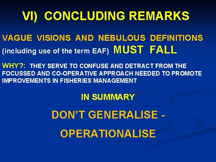 VI) CONCLUDING REMARKS VAGUE VISIONS AND NEBULOUS DEFINITIONS (including use of the term EAF)