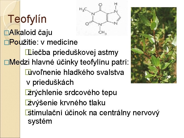 Teofylín �Alkaloid čaju �Použitie: v medicíne � Liečba prieduškovej astmy �Medzi hlavné účinky teofylínu