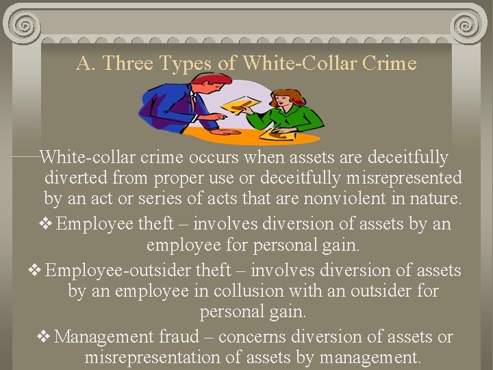 A. Three Types of White-Collar Crime White-collar crime occurs when assets are deceitfully diverted