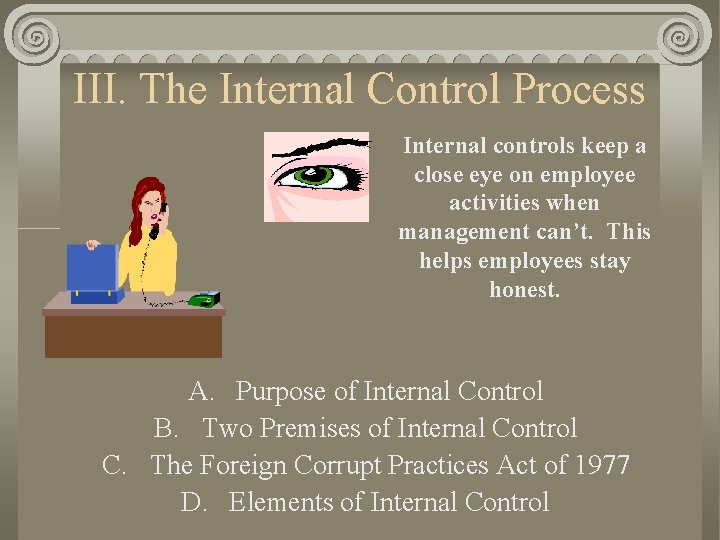 III. The Internal Control Process Internal controls keep a close eye on employee activities