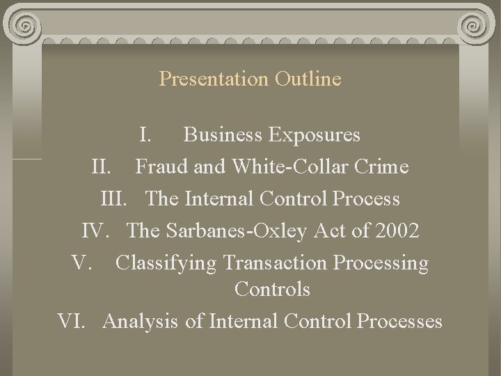 Presentation Outline I. Business Exposures II. Fraud and White-Collar Crime III. The Internal Control