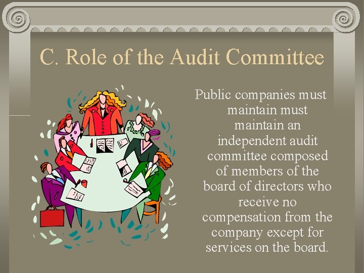 C. Role of the Audit Committee Public companies must maintain an independent audit committee