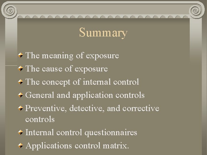 Summary The meaning of exposure The cause of exposure The concept of internal control