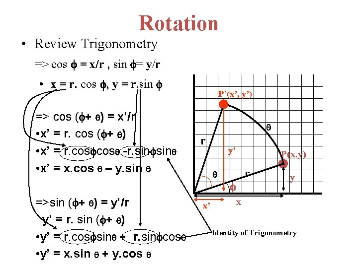 Rotation • Review Trigonometry => cos = x/r , sin = y/r • x