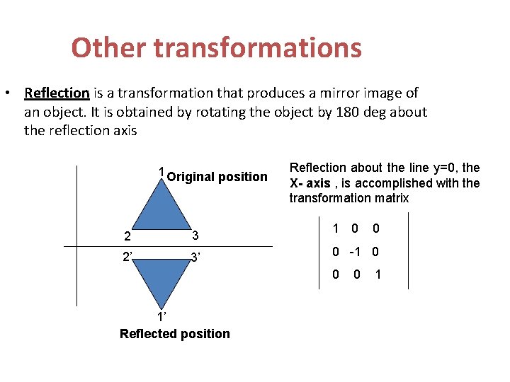 Other transformations • Reflection is a transformation that produces a mirror image of an
